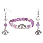 Bracelet and Earrings made of Amethyst Chevron and Rock Crystal with Lotus