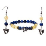 Bracelet and Earrings made of Lapis Lazuli and Rutilated Quartz with Ganesha